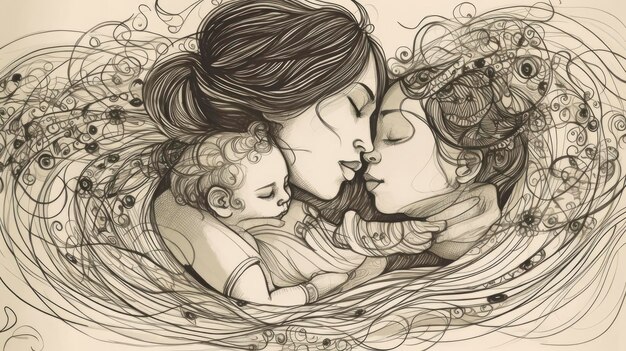 A drawing of a mother and baby