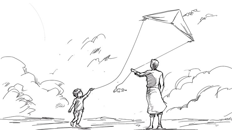 फोटो a drawing of a mother and child flying a kite