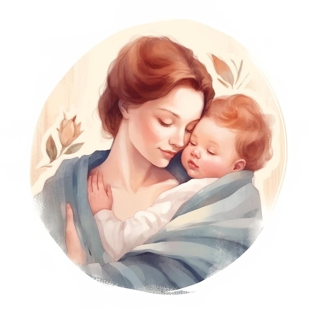 a drawing of a mother and child with a blue scarf
