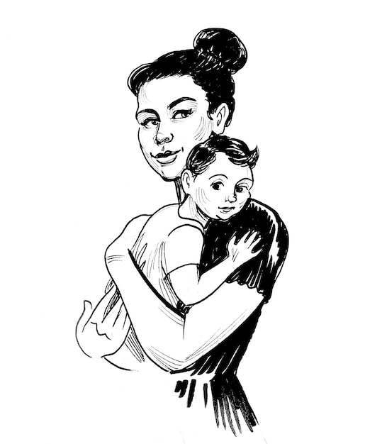 A drawing of a mother and her child