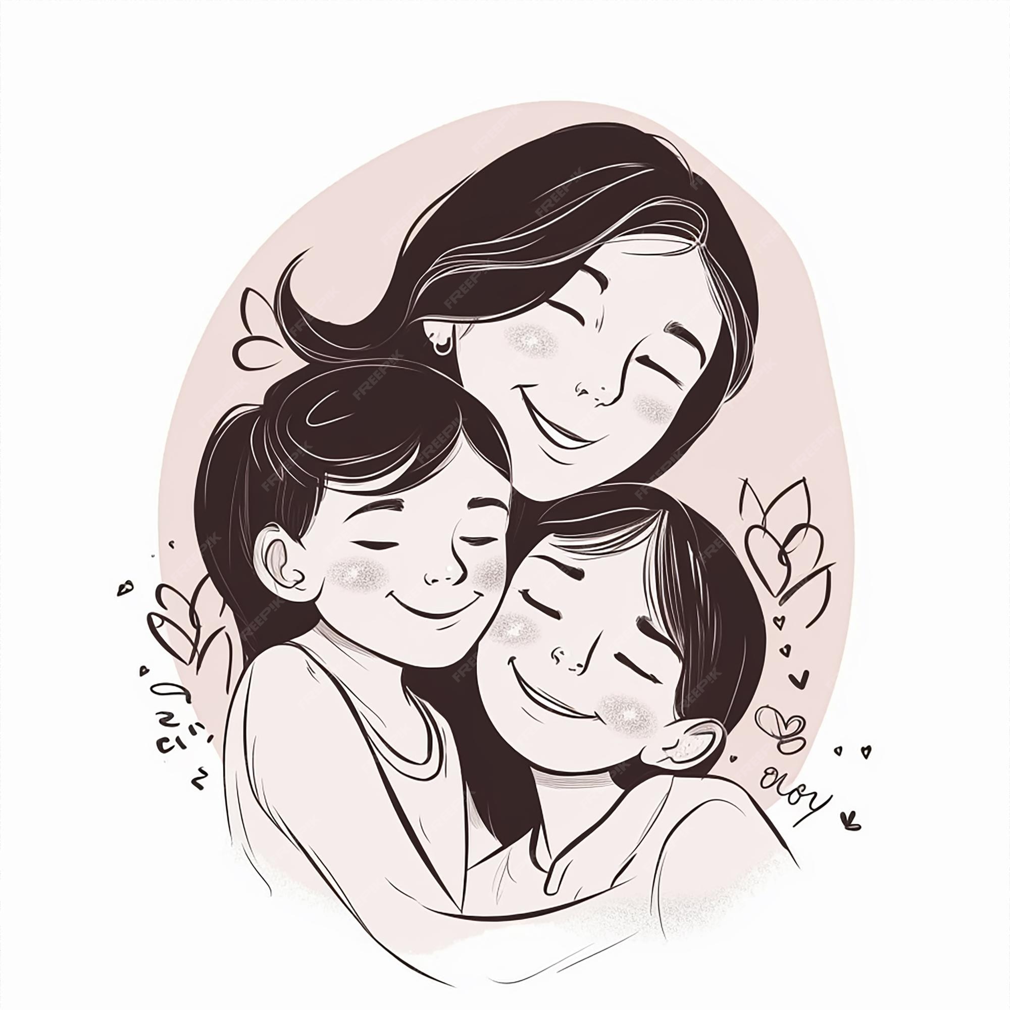 Premium AI Image A drawing of a mother and her two children hugging.