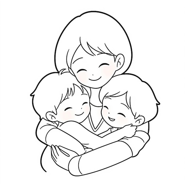 Photo a drawing of a mother hugging her two children generative ai