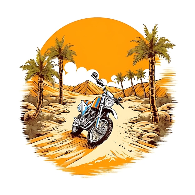 A drawing of a motorcycle on a desert road with palm trees in the background Generative AI