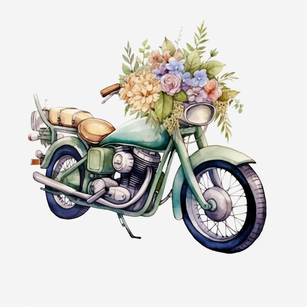 A drawing of a motorcycle with a bouquet of flowers on it.