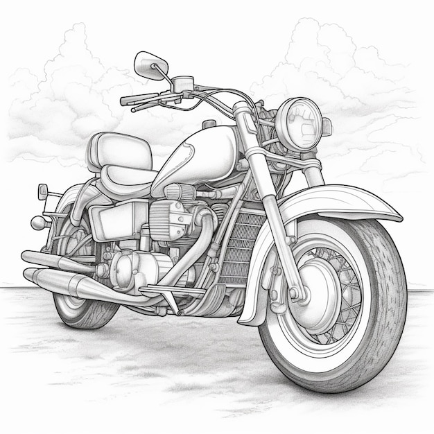 drawing of a motorcycle with a side view of the front wheel generative ai