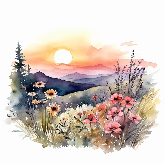 背景に花と山がある山の風景の絵。