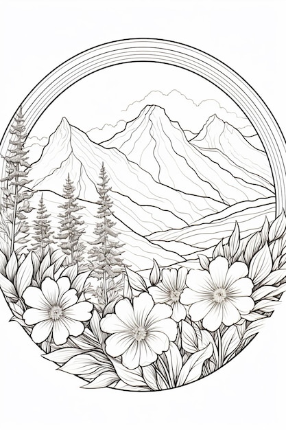 a drawing of a mountain landscape with flowers and trees generative ai