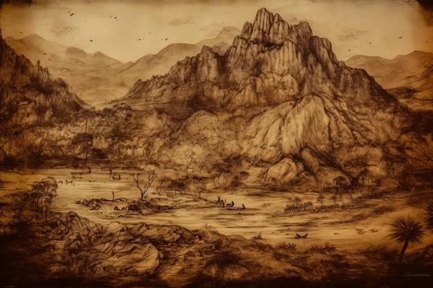 A drawing of a mountain landscape with a mountain in the background.