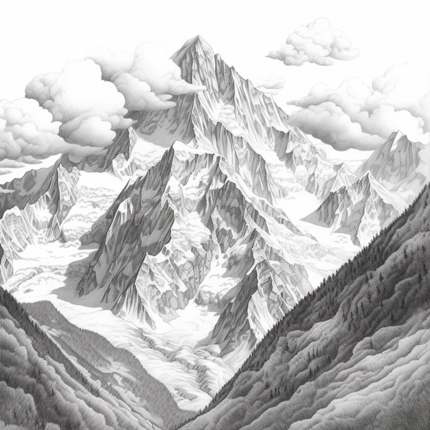 A drawing of a mountain range with a few clouds in the sky generative ai