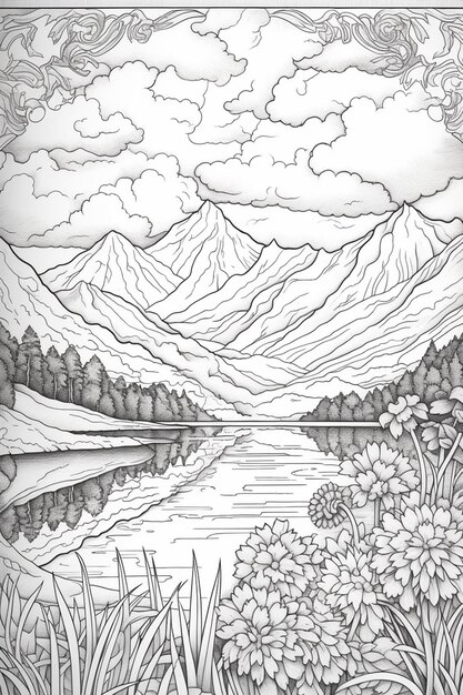 山の景色を描いた湖と山を描いた絵 (ジェネレーティブ・アイ)
