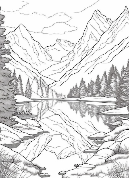 a drawing of a mountain scene with a lake and trees generative ai