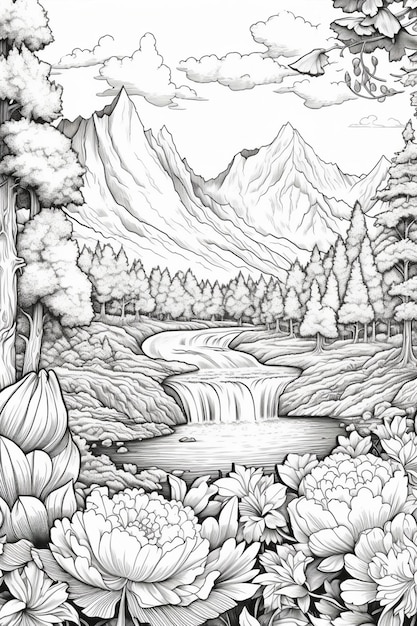 A drawing of a mountain scene with a waterfall and flowers generative ai