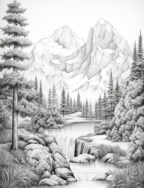 рисунок горной сцены с водопадом и деревьями