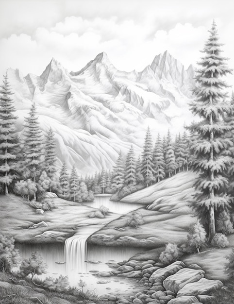 Photo drawing of a mountain scene with a waterfall and trees generative ai