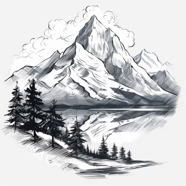 a drawing of a mountain with a lake and trees generative ai