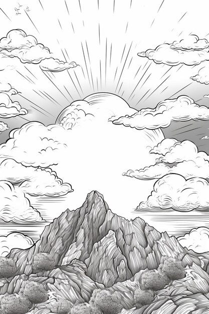 Photo a drawing of a mountain with a sunbeam in the sky generative ai