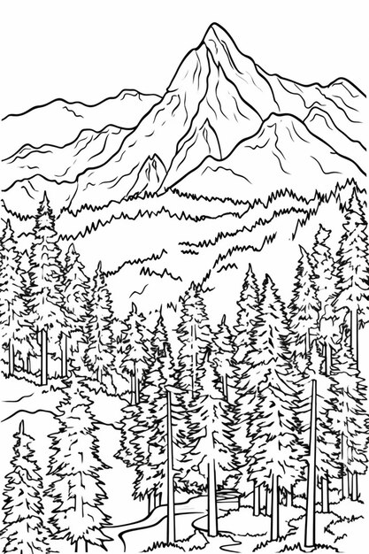 Photo a drawing of a mountain with trees and a river generative ai