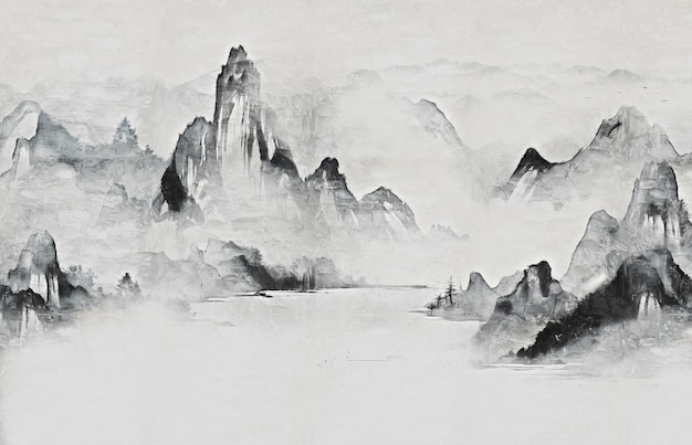 山と川を描いた伝統的な中国風の水墨画の風景画 静けさを