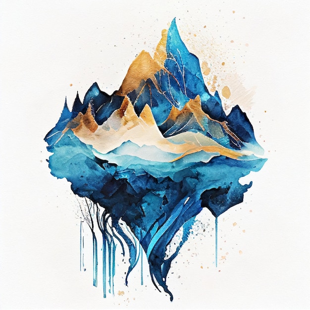 白地絵の具に山を描く 水彩ブルーゴールド絵の具 Generative AI