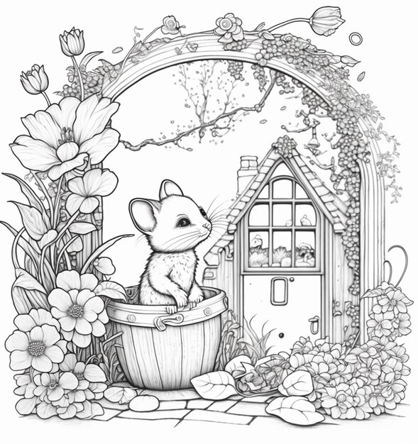 A drawing of a mouse in a barrel with flowers and a bird generative ai