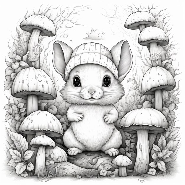 A drawing of a mouse sitting on a mushroom covered ground generative ai