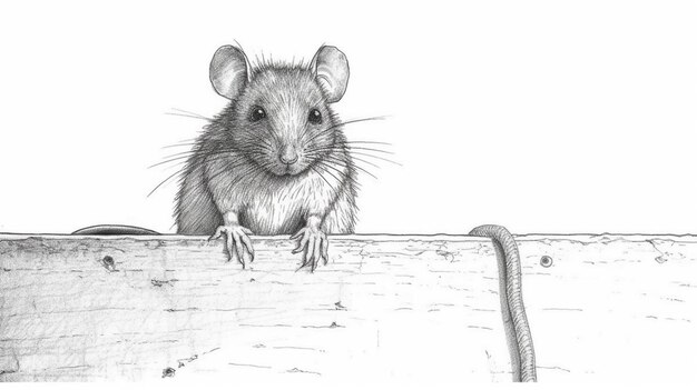 Photo drawing of a mouse sitting on a wooden fence with a rope generative ai