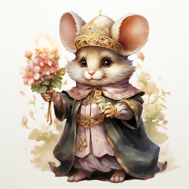 a drawing of a mouse with a bunch of flowers in it