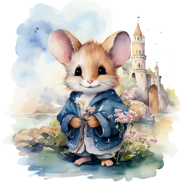 a drawing of a mouse with a castle in the background