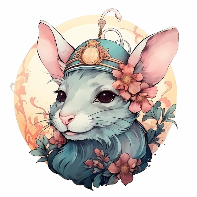 a drawing of a mouse with a crown and flowers