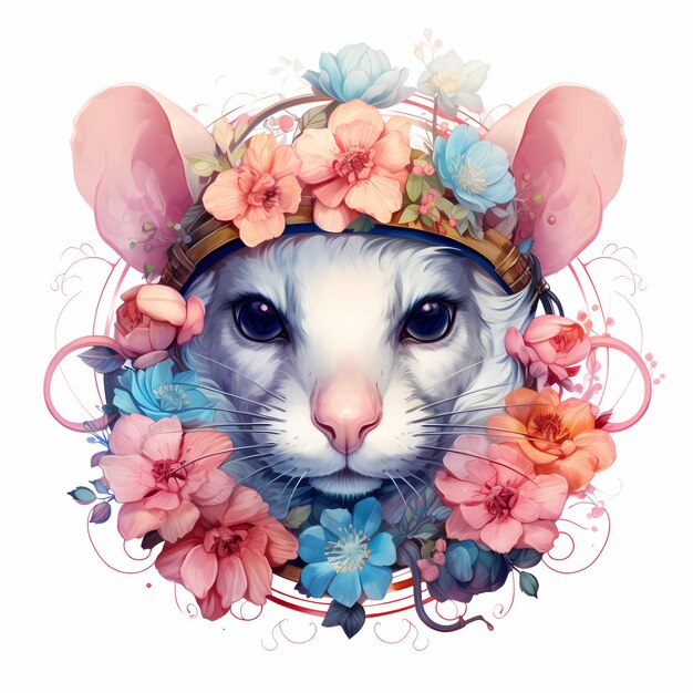 a drawing of a mouse with a crown and flowers