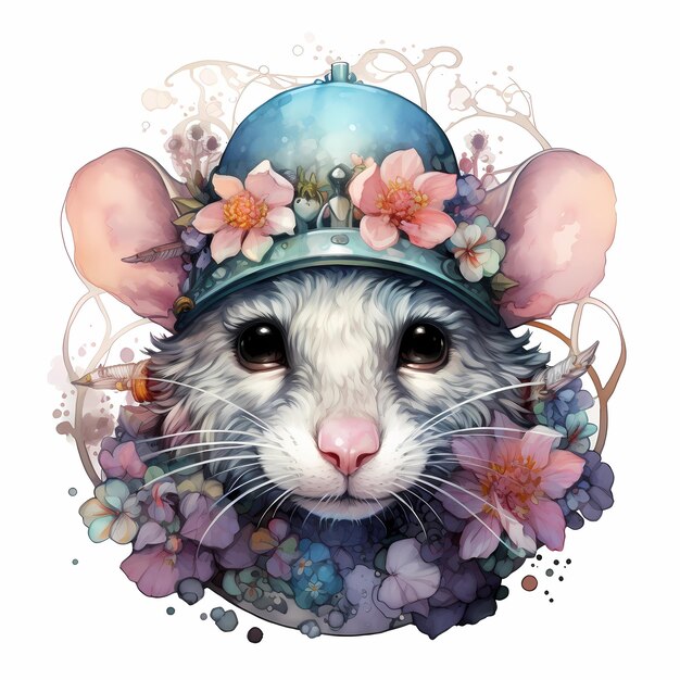 a drawing of a mouse with a crown and flowers