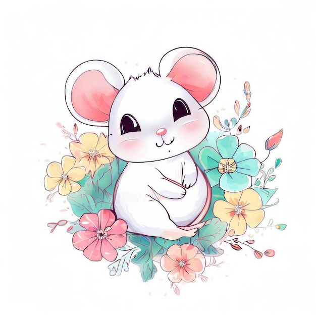 A drawing of a mouse with a pink nose and a pink nose sits in a field of flowers.