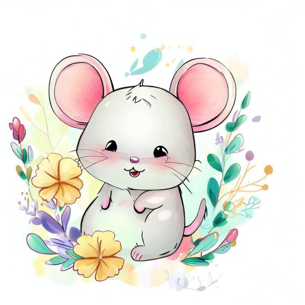 A drawing of a mouse with a pink nose sits in a field of flowers.