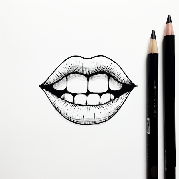 drawing of a mouth with a pencil and a pencil on a white surface generative ai