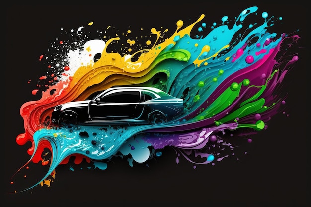 Photo drawing the movement of a car silhouette in spilled paint in bright colors generative ai