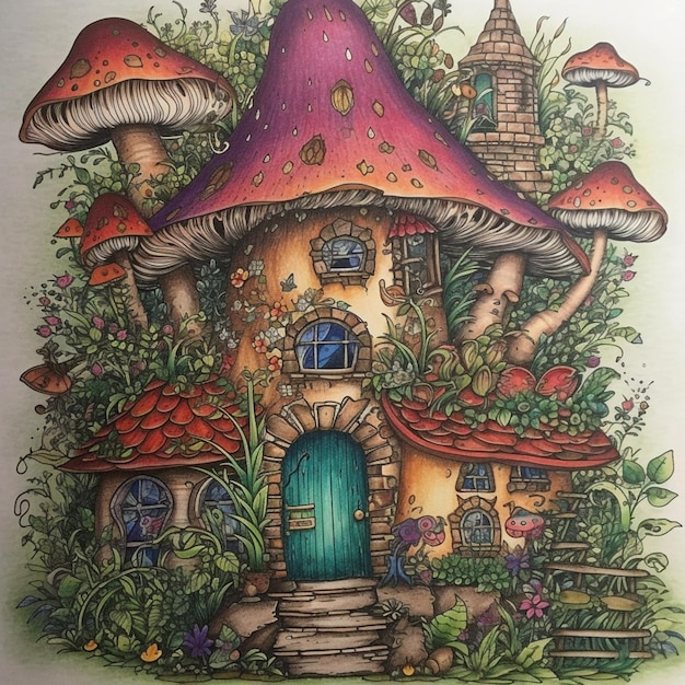 A drawing of a mushroom house with a blue door and a green door.