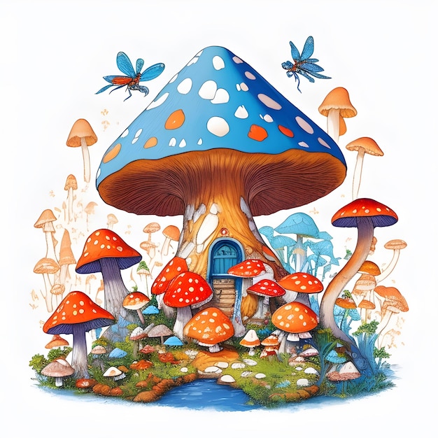 A drawing of a mushroom house with a blue mushroom house on it.