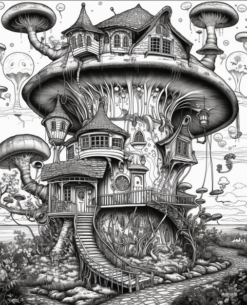 a drawing of a mushroom house with a house on it.