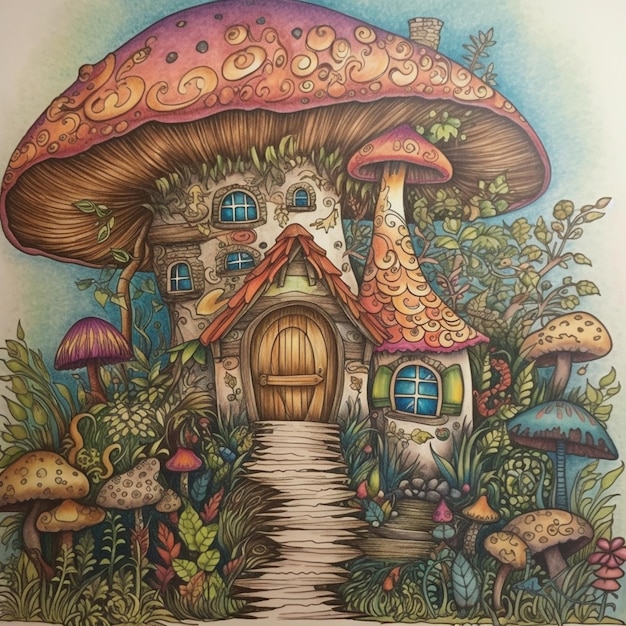 A drawing of a mushroom house with a mushroom house on the bottom.