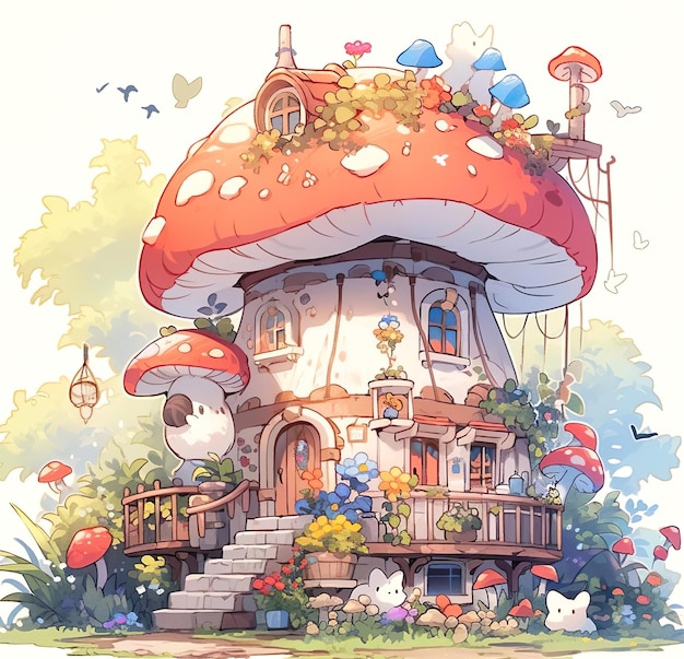 A drawing of a mushroom house with a mushroom on the top illustration