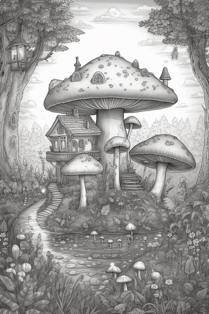 A drawing of a mushroom house in the woods.