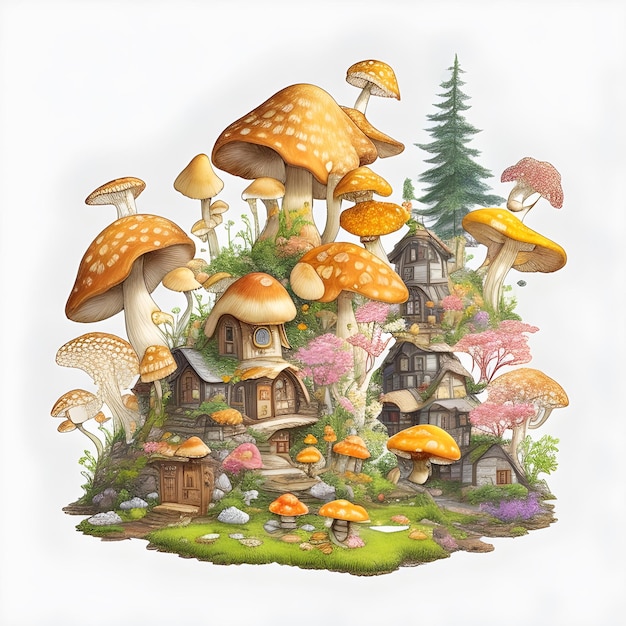 Premium Photo A drawing of a mushroom village with a forest of mushrooms.