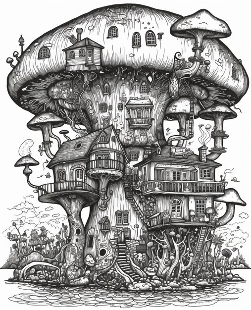 A drawing of a mushroom with a house on it