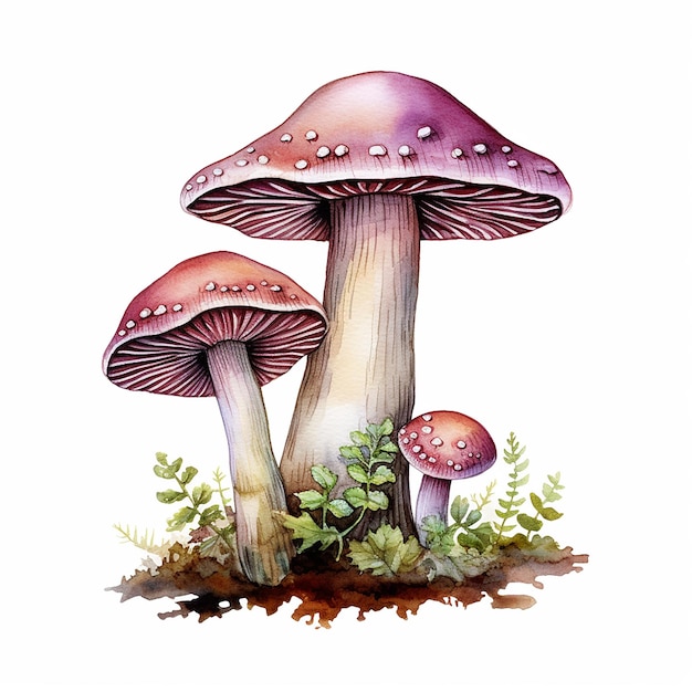 보라색 모자를 쓴 버섯 그림.