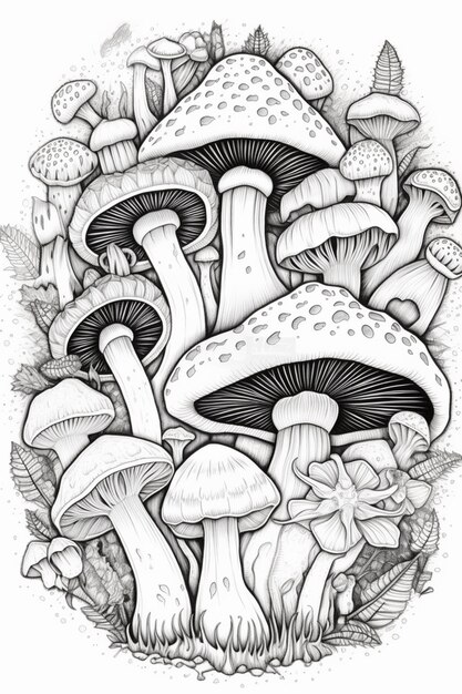 A drawing of mushrooms and leaves in a circle generative ai