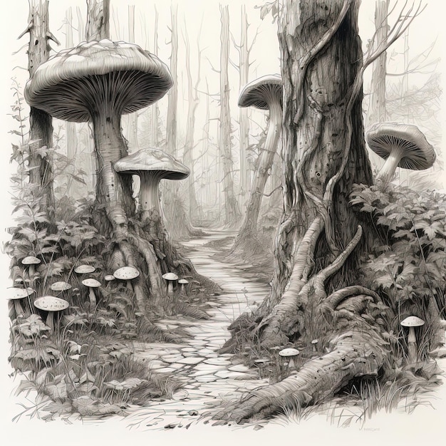 a drawing of mushrooms and mushrooms in a forest with a forest in the background.