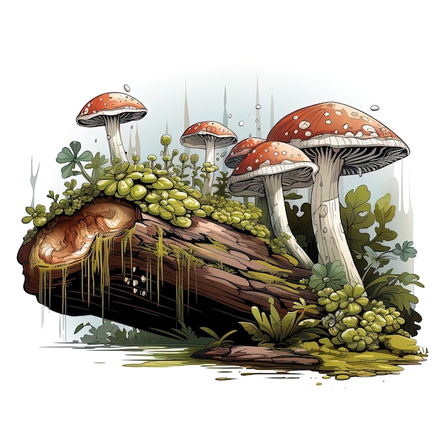 a drawing of mushrooms and mushrooms with a tree in the background.