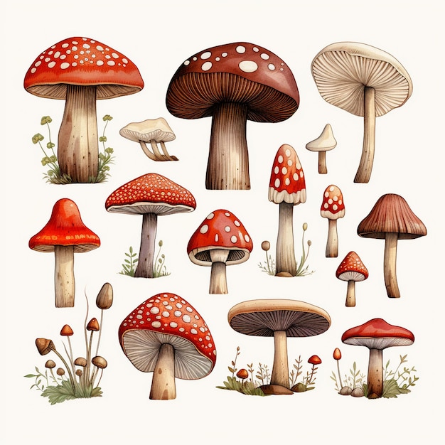 a drawing of mushrooms and mushrooms with a white background.