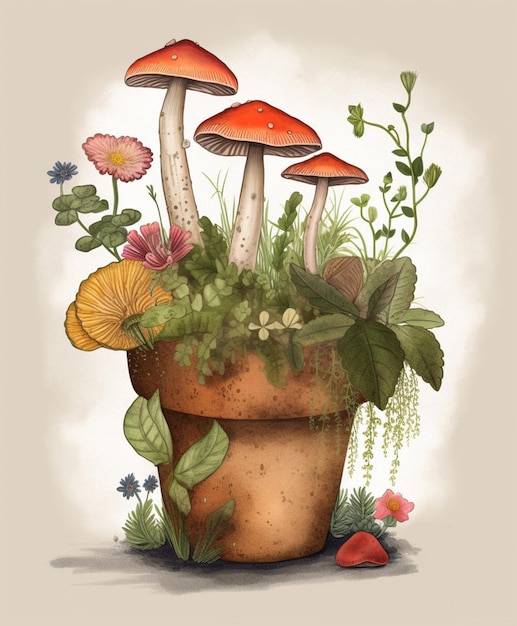 A drawing of mushrooms in a pot with a flower pot on the right.