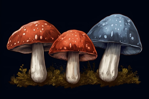 A drawing of mushrooms with raindrops on them